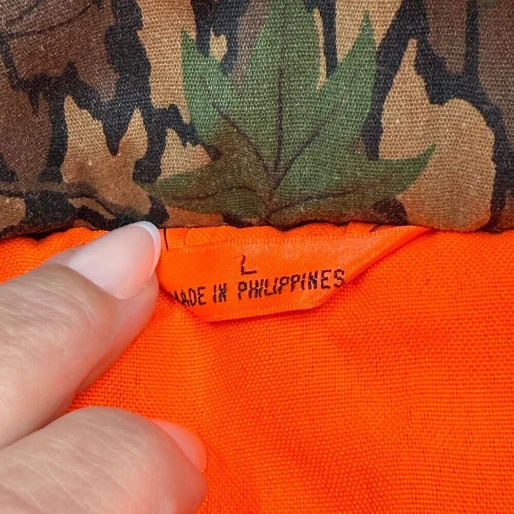 VTG Winchester Reversible Trebark Camo Orange Quilted Zip Up Vest Hunting Mens L